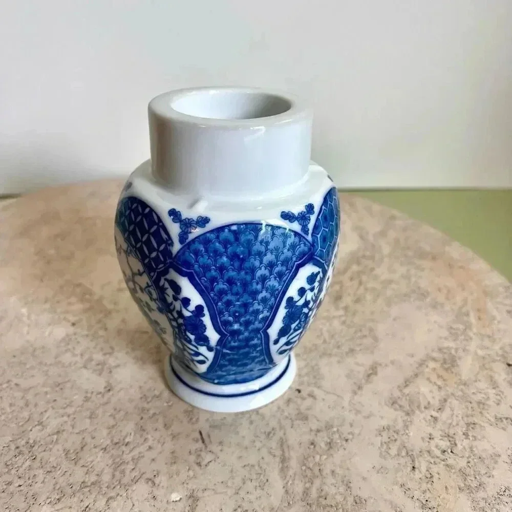 Vintage Japanese‎ Candle Stick Holder White Blue Peacock Pattern Home Decor